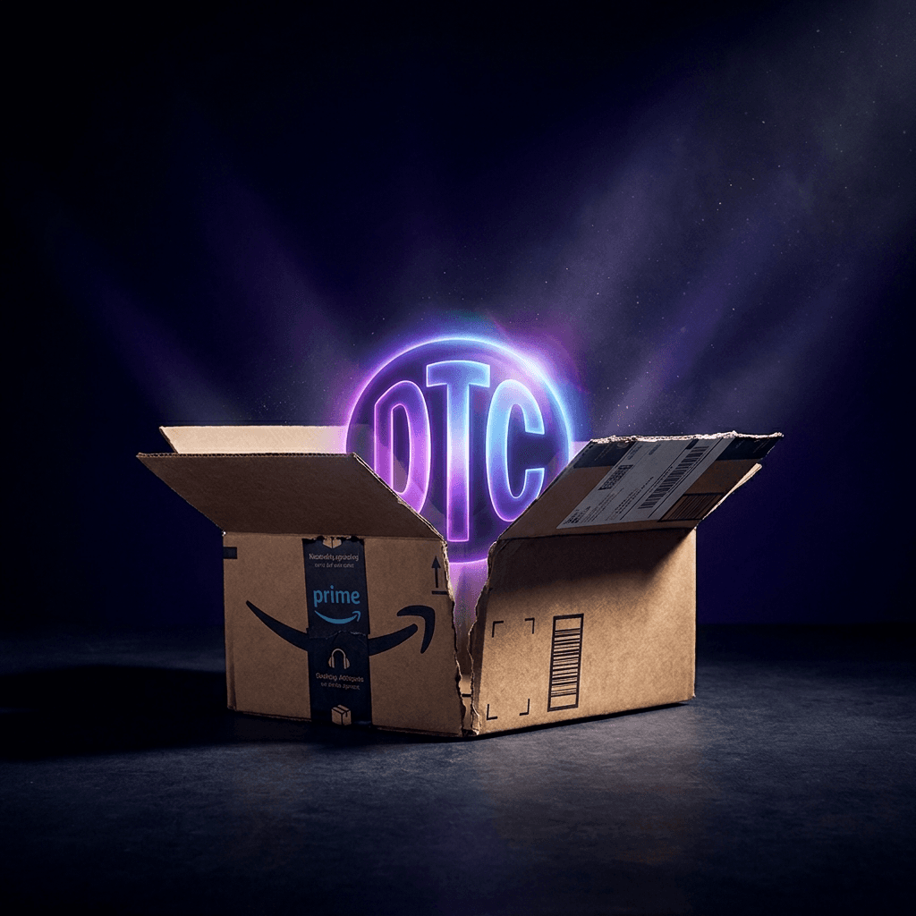 A fractured Amazon box splitting open to reveal a glowing DTC brand rising from within — cinematic dark background with deep purples