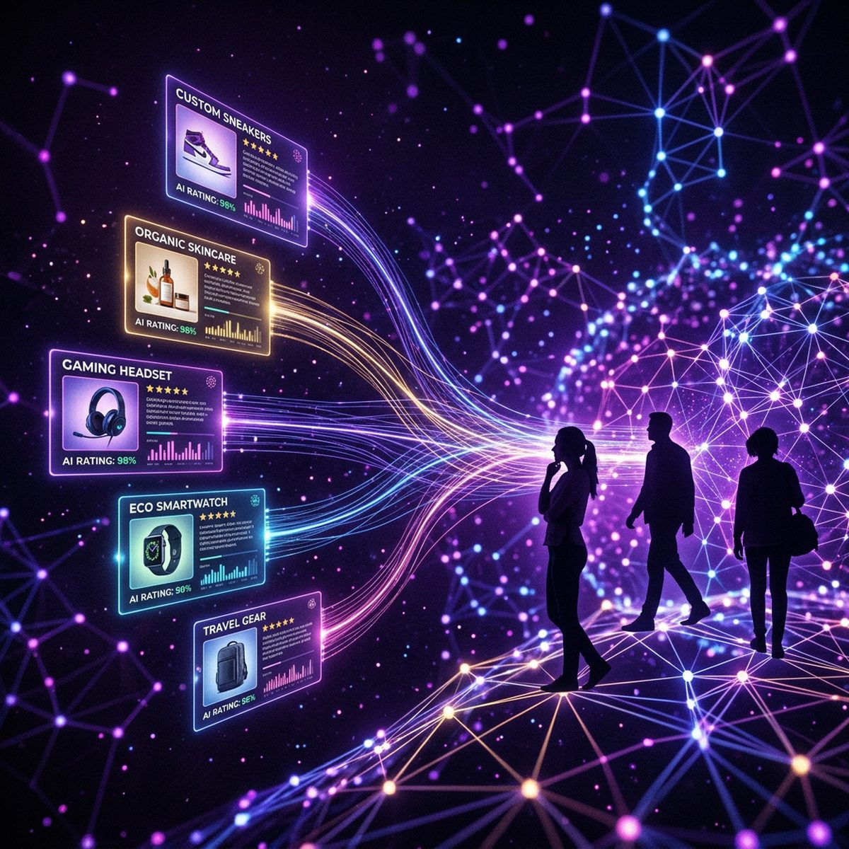 AI data streams connecting product recommendations to customer profiles in a dark cinematic editorial style