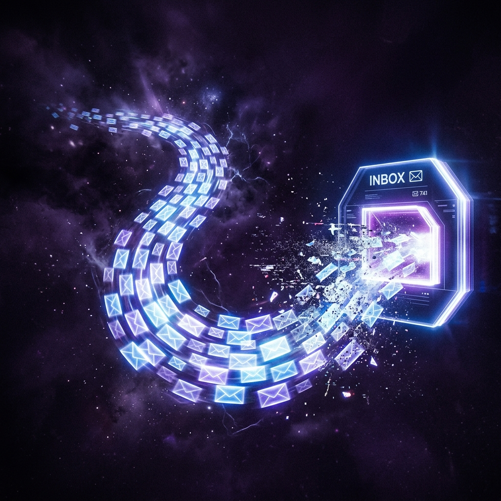 Glowing email stream flowing into a luminous inbox against deep purple and black background representing BFCM email marketing strategy for DTC brands