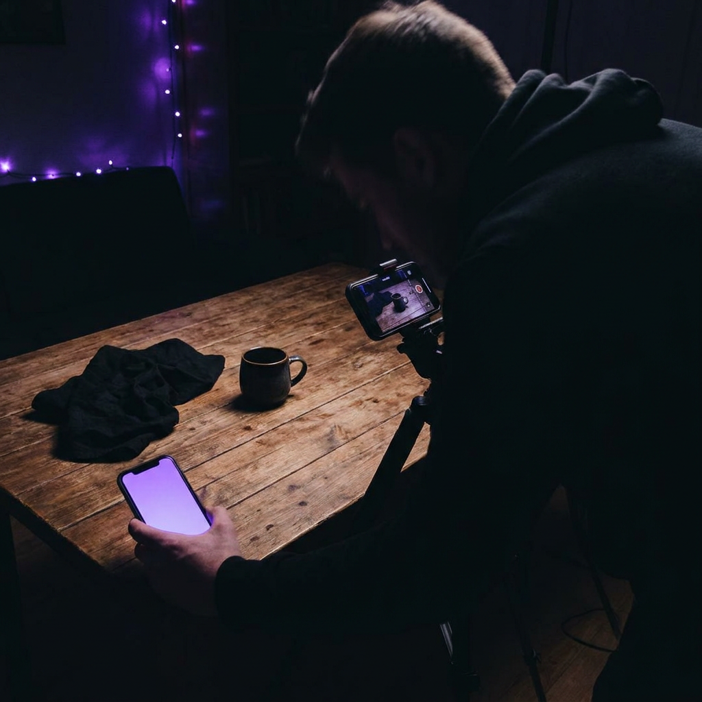 Creator filming a product in a dark studio with purple lighting, representing DTC paid social content for Meta ads