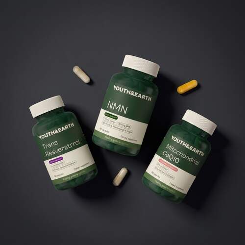 Youth and Earth NMN, Trans-Resveratrol+ and Mitochondrial CoQ10 product flat lay